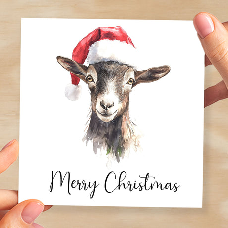 Fun Christmas Card of a Goat Wearing A Santa Hat Whimsical Watercolour Christmas Card For Animal Lover For Him or Her