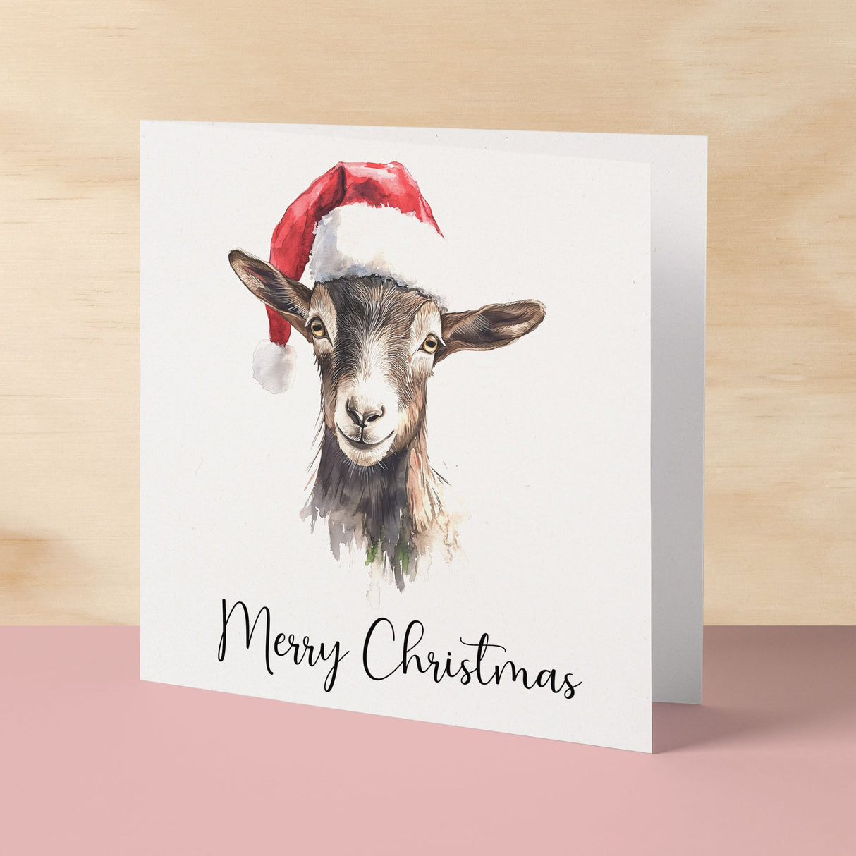 Fun Christmas Card of a Goat Wearing A Santa Hat Whimsical Watercolour Christmas Card For Animal Lover For Him or Her