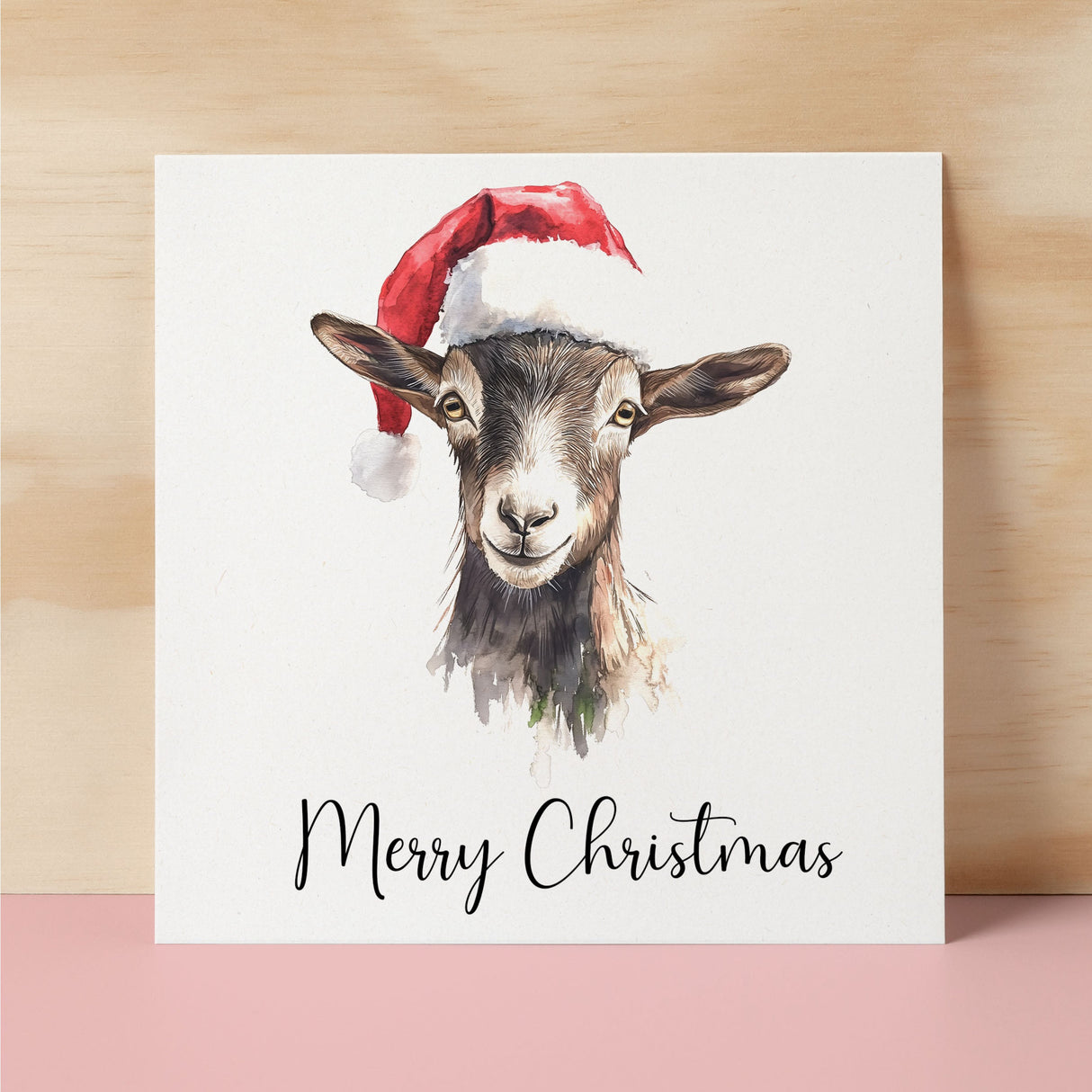 Fun Christmas Card of a Goat Wearing A Santa Hat Whimsical Watercolour Christmas Card For Animal Lover For Him or Her