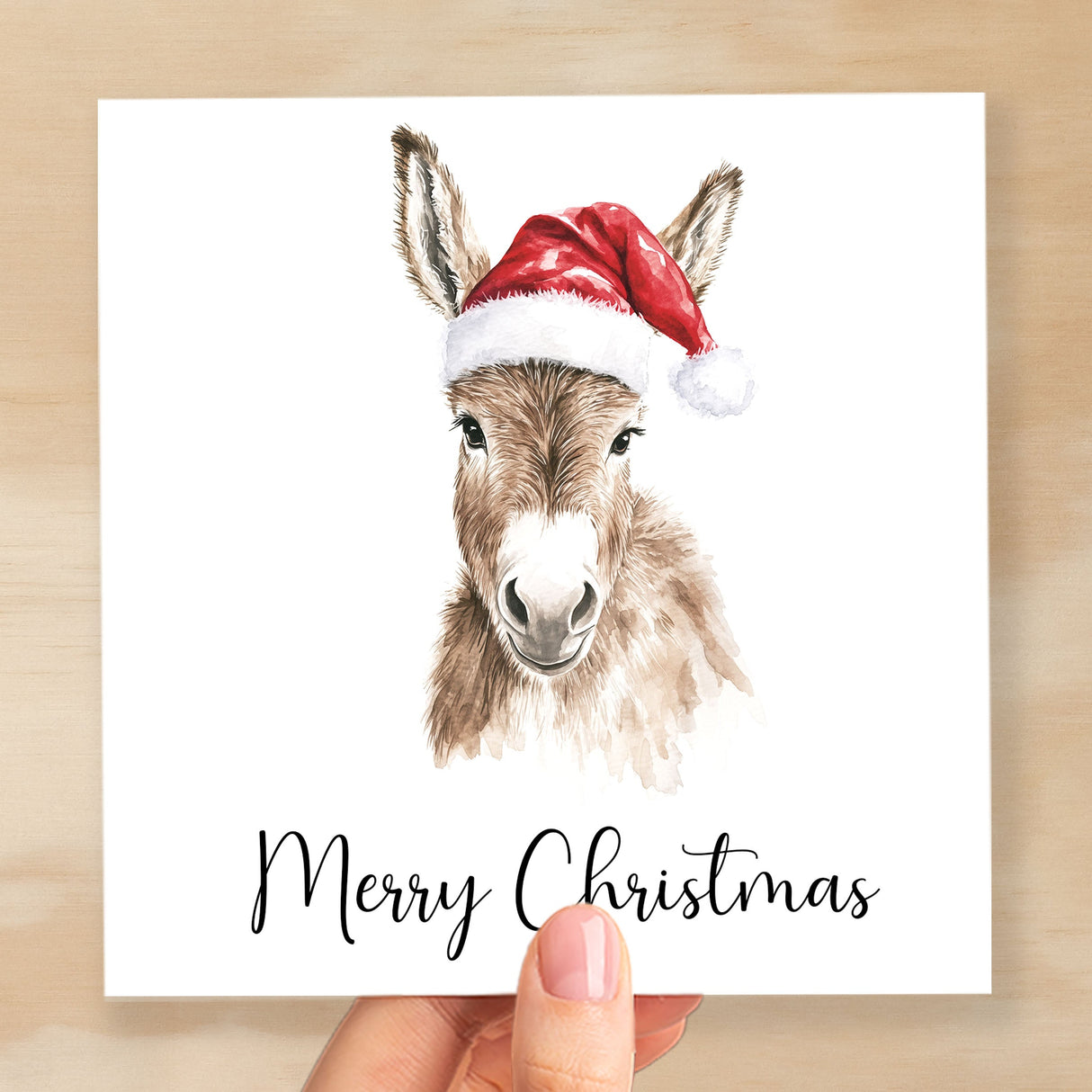 Fun Christmas Card of a Donkey Wearing A Santa Hat Whimsical Watercolour Christmas Card For Animal Lover For Him or Her