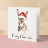 Fun Christmas Card of a Donkey Wearing A Santa Hat Whimsical Watercolour Christmas Card For Animal Lover For Him or Her