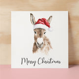 Fun Christmas Card of a Donkey Wearing A Santa Hat Whimsical Watercolour Christmas Card For Animal Lover For Him or Her