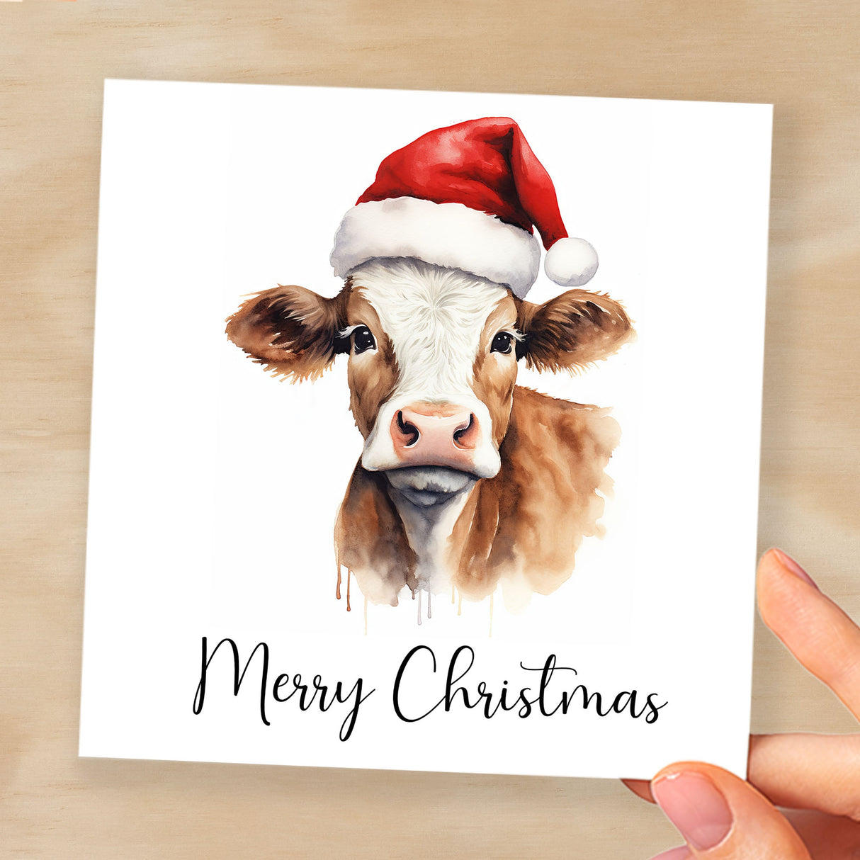 Fun Christmas Card of a Cow Wearing A Santa Hat Whimsical Watercolour Christmas Card For Animal Lover For Him or Her