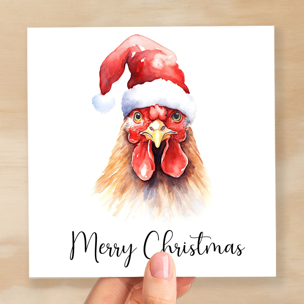 Fun Christmas Card of a Chicken Wearing A Santa Hat Whimsical Watercolour Christmas Card For Animal Lover For Him or Her