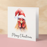 Fun Christmas Card of a Chicken Wearing A Santa Hat Whimsical Watercolour Christmas Card For Animal Lover For Him or Her