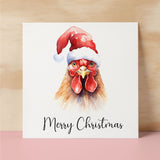 Fun Christmas Card of a Chicken Wearing A Santa Hat Whimsical Watercolour Christmas Card For Animal Lover For Him or Her