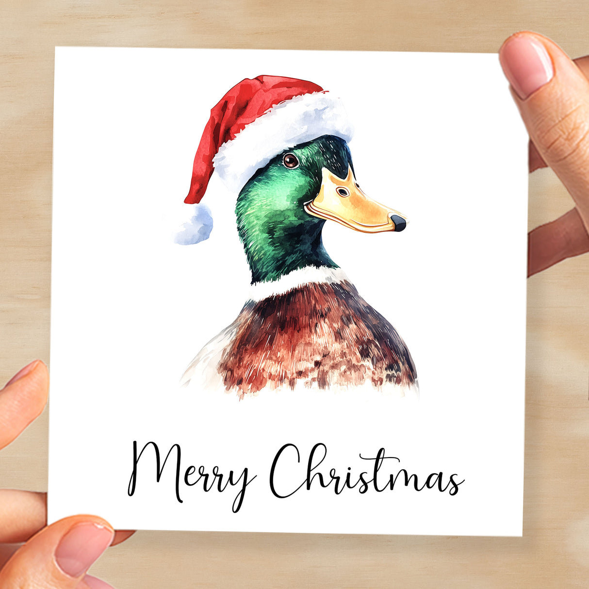 Fun Christmas Card of a Duck Wearing A Santa Hat Whimsical Watercolour Christmas Card For Animal Lover For Him or Her