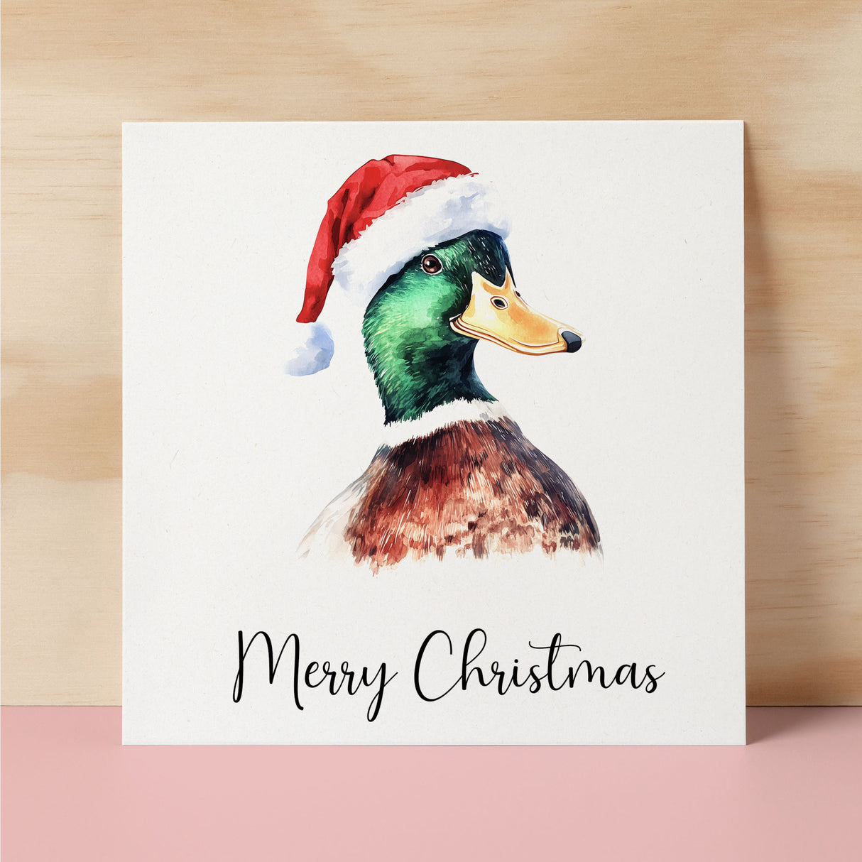 Fun Christmas Card of a Duck Wearing A Santa Hat Whimsical Watercolour Christmas Card For Animal Lover For Him or Her