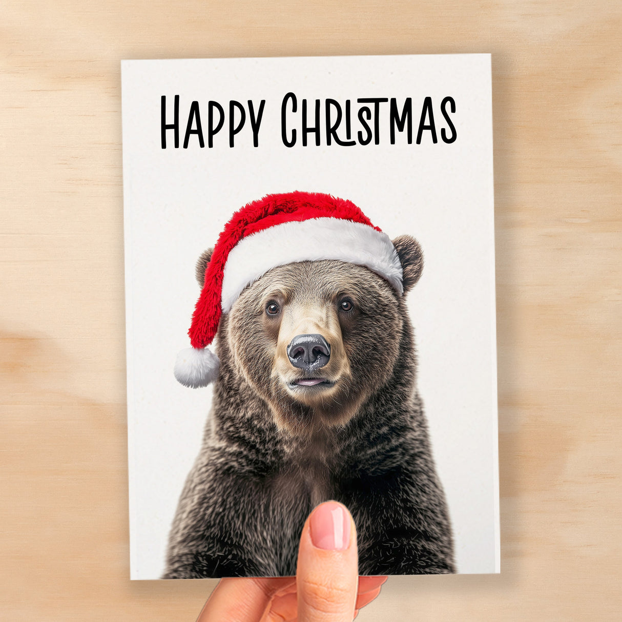 Fun Christmas Card of a Bear Wearing A Santa Hat Whimsical Christmas Card For Animal Lover For Him or Her