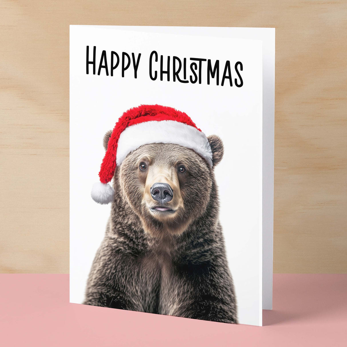 Fun Christmas Card of a Bear Wearing A Santa Hat Whimsical Christmas Card For Animal Lover For Him or Her