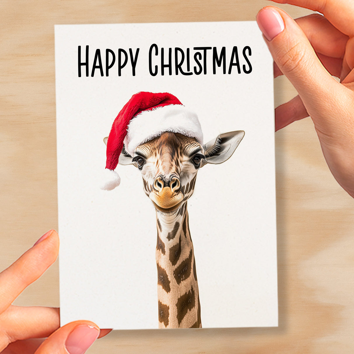 Fun Christmas Card of a Giraffe Wearing A Santa Hat Whimsical Christmas Card For Animal Lover For Him or Her