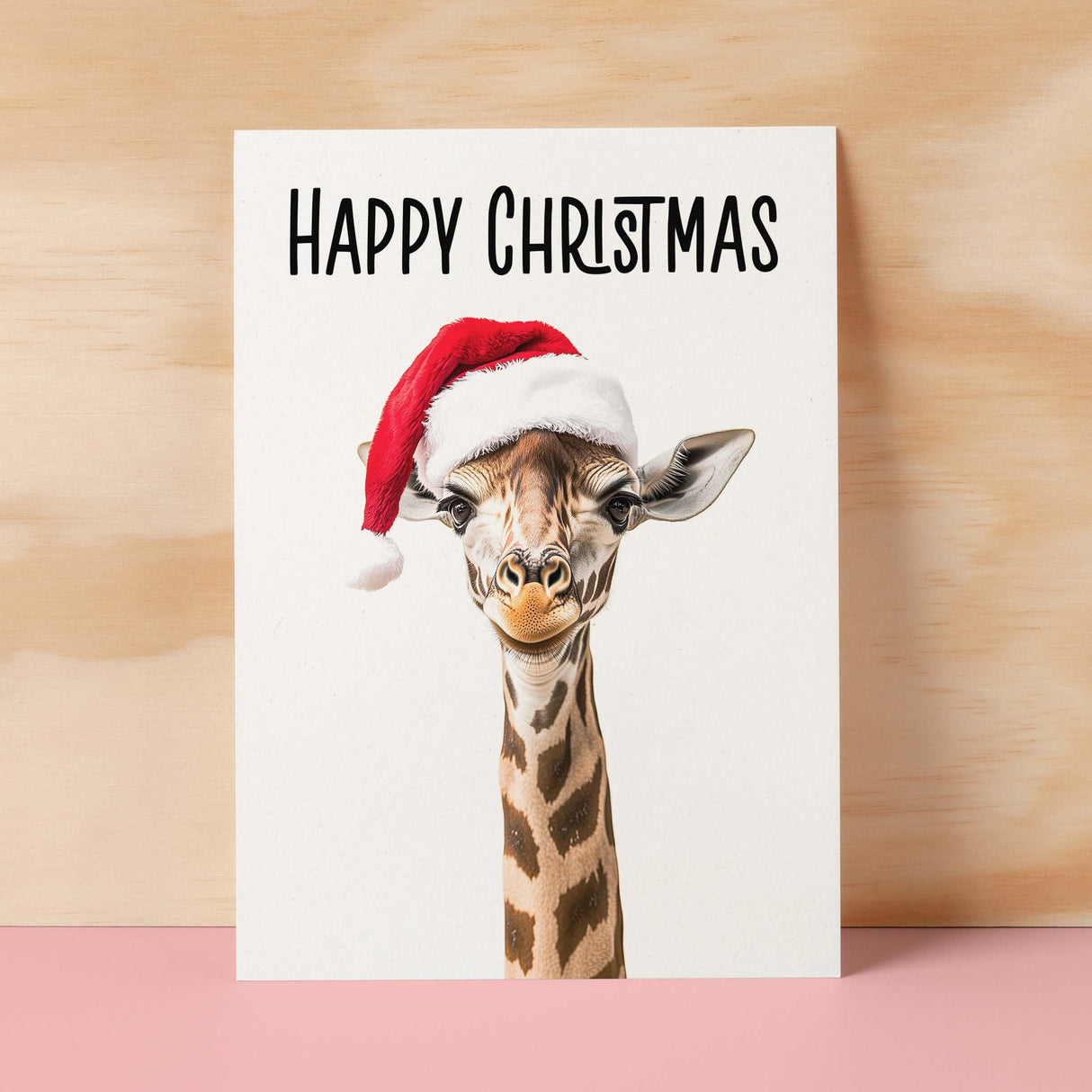 Fun Christmas Card of a Giraffe Wearing A Santa Hat Whimsical Christmas Card For Animal Lover For Him or Her