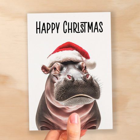 Fun Christmas Card of a Hippo Wearing A Santa Hat Whimsical Christmas Card For Animal Lover For Him or Her