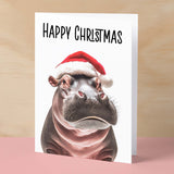 Fun Christmas Card of a Hippo Wearing A Santa Hat Whimsical Christmas Card For Animal Lover For Him or Her