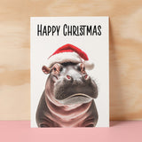 Fun Christmas Card of a Hippo Wearing A Santa Hat Whimsical Christmas Card For Animal Lover For Him or Her