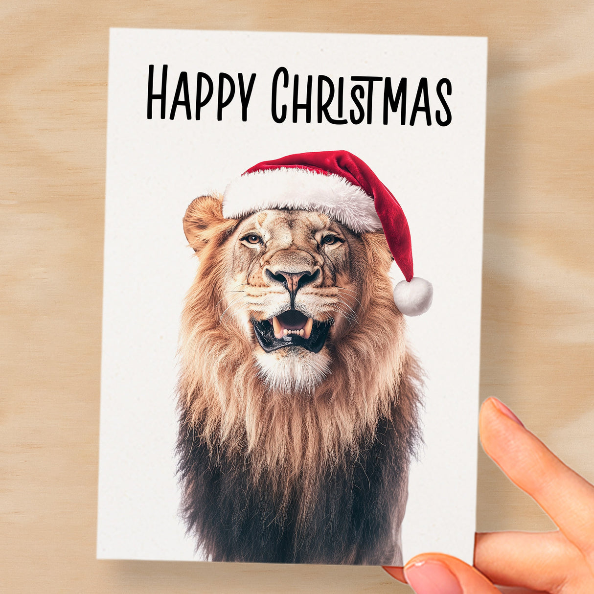 Fun Christmas Card of a Lion Wearing A Santa Hat Whimsical Christmas Card For Animal Lover For Him or Her