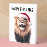 Fun Christmas Card of a Lion Wearing A Santa Hat Whimsical Christmas Card For Animal Lover For Him or Her