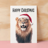 Fun Christmas Card of a Lion Wearing A Santa Hat Whimsical Christmas Card For Animal Lover For Him or Her