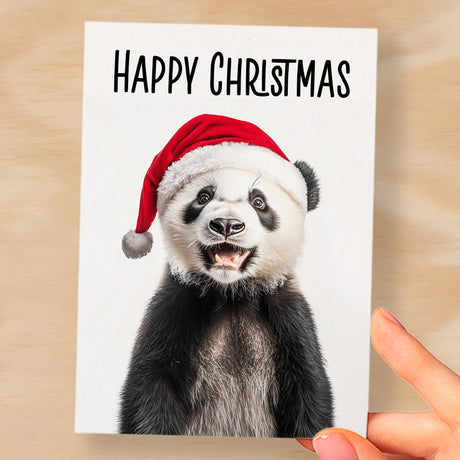 Fun Christmas Card of a Panda Wearing A Santa Hat Whimsical Christmas Card For Animal Lover For Him or Her