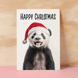 Fun Christmas Card of a Panda Wearing A Santa Hat Whimsical Christmas Card For Animal Lover For Him or Her