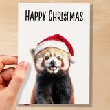 Fun Christmas Card of a Red Panda Wearing A Santa Hat Whimsical Christmas Card For Animal Lover For Him or Her