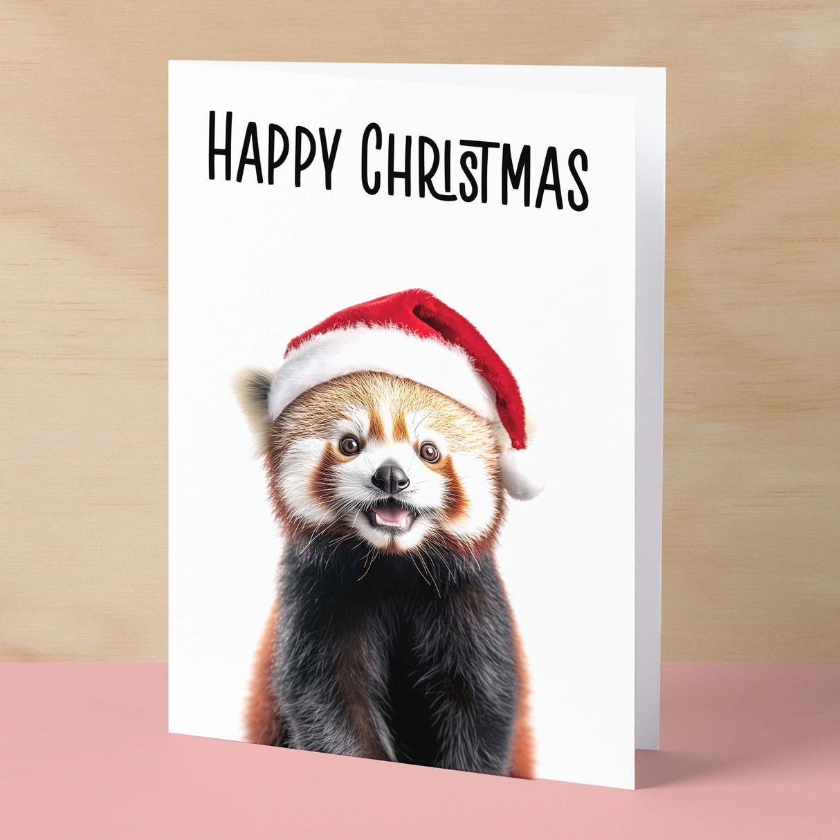 Fun Christmas Card of a Red Panda Wearing A Santa Hat Whimsical Christmas Card For Animal Lover For Him or Her