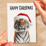 Fun Christmas Card of a Tiger Wearing A Santa Hat Whimsical Christmas Card For Animal Lover For Him or Her