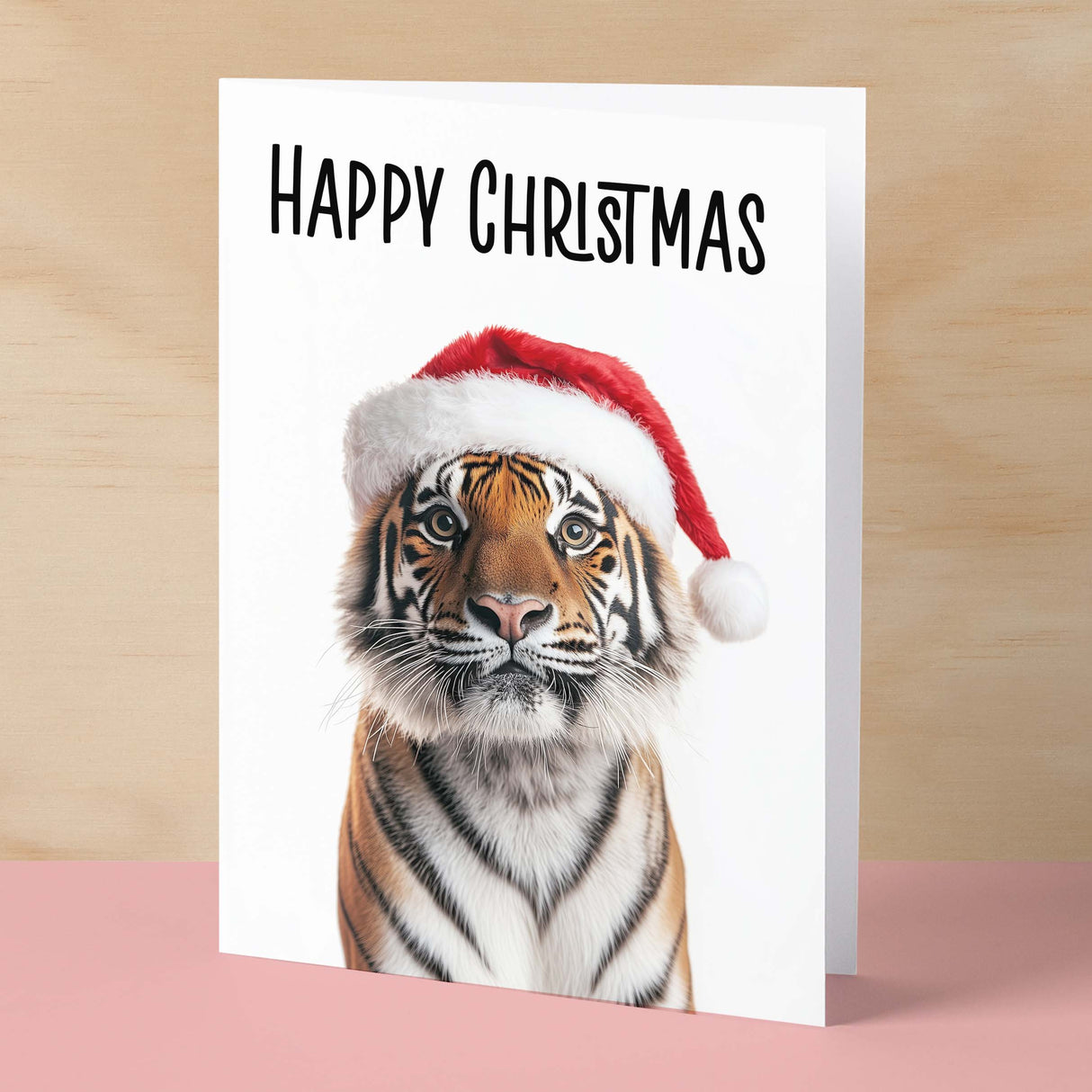 Fun Christmas Card of a Tiger Wearing A Santa Hat Whimsical Christmas Card For Animal Lover For Him or Her