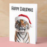 Fun Christmas Card of a Tiger Wearing A Santa Hat Whimsical Christmas Card For Animal Lover For Him or Her