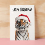 Fun Christmas Card of a Tiger Wearing A Santa Hat Whimsical Christmas Card For Animal Lover For Him or Her