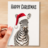 Fun Christmas Card of a Zebra Wearing A Santa Hat Whimsical Christmas Card For Animal Lover For Him or Her