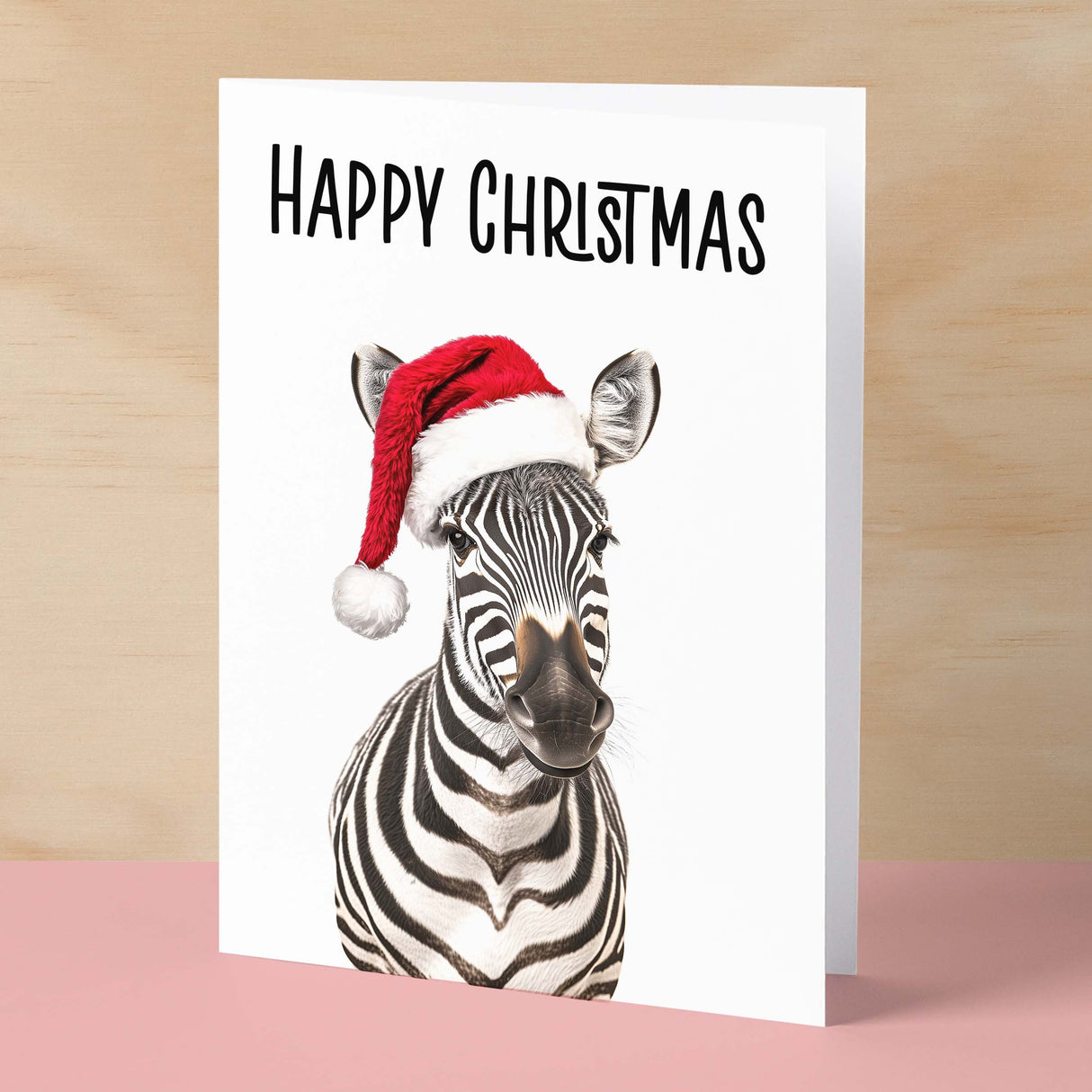 Fun Christmas Card of a Zebra Wearing A Santa Hat Whimsical Christmas Card For Animal Lover For Him or Her