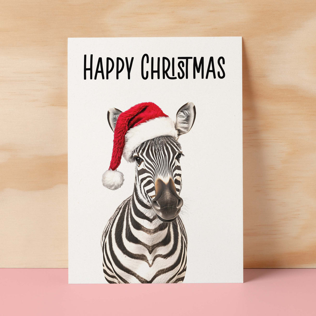 Fun Christmas Card of a Zebra Wearing A Santa Hat Whimsical Christmas Card For Animal Lover For Him or Her