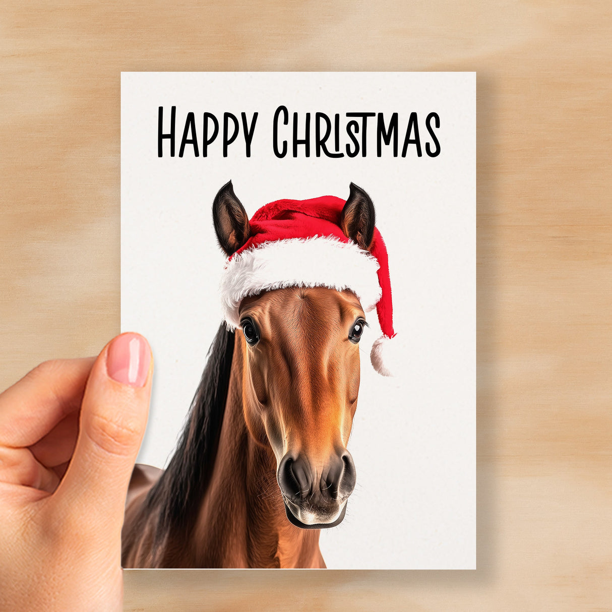 Fun Christmas Card of a Horse Wearing A Santa Hat Whimsical Christmas Card For Animal Lover For Him or Her