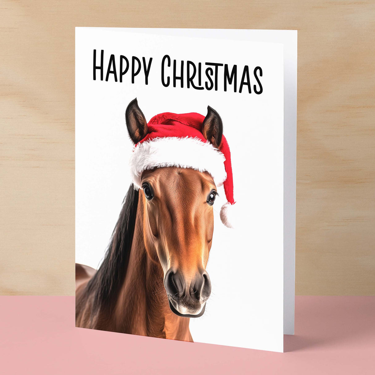 Fun Christmas Card of a Horse Wearing A Santa Hat Whimsical Christmas Card For Animal Lover For Him or Her