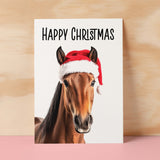 Fun Christmas Card of a Horse Wearing A Santa Hat Whimsical Christmas Card For Animal Lover For Him or Her