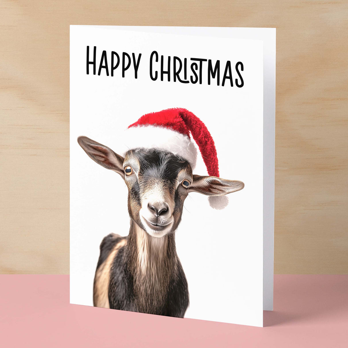 Fun Christmas Card of a Goat Wearing A Santa Hat Whimsical Christmas Card For Animal Lover For Him or Her