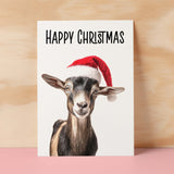 Fun Christmas Card of a Goat Wearing A Santa Hat Whimsical Christmas Card For Animal Lover For Him or Her