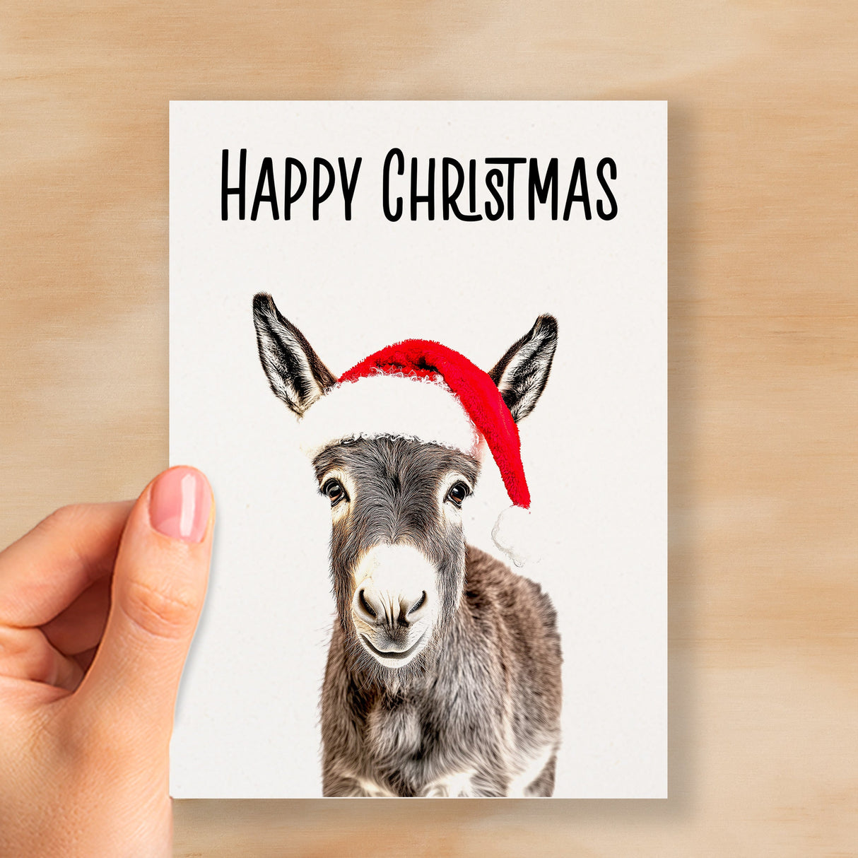 Fun Christmas Card of a Donkey Wearing A Santa Hat Whimsical Christmas Card For Animal Lover For Him or Her