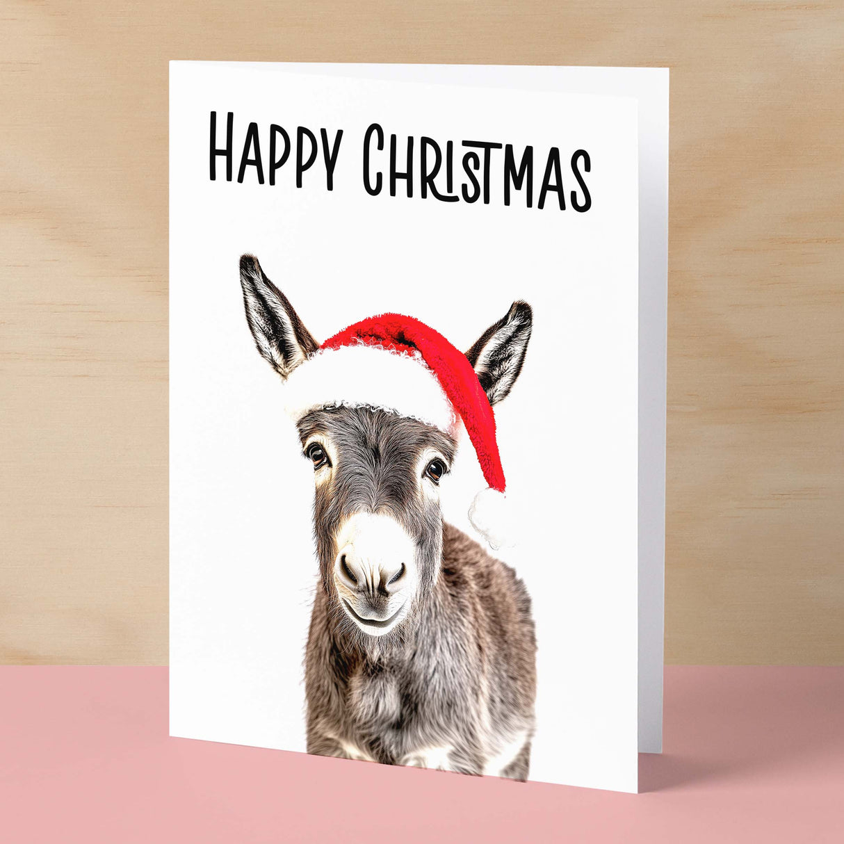 Fun Christmas Card of a Donkey Wearing A Santa Hat Whimsical Christmas Card For Animal Lover For Him or Her