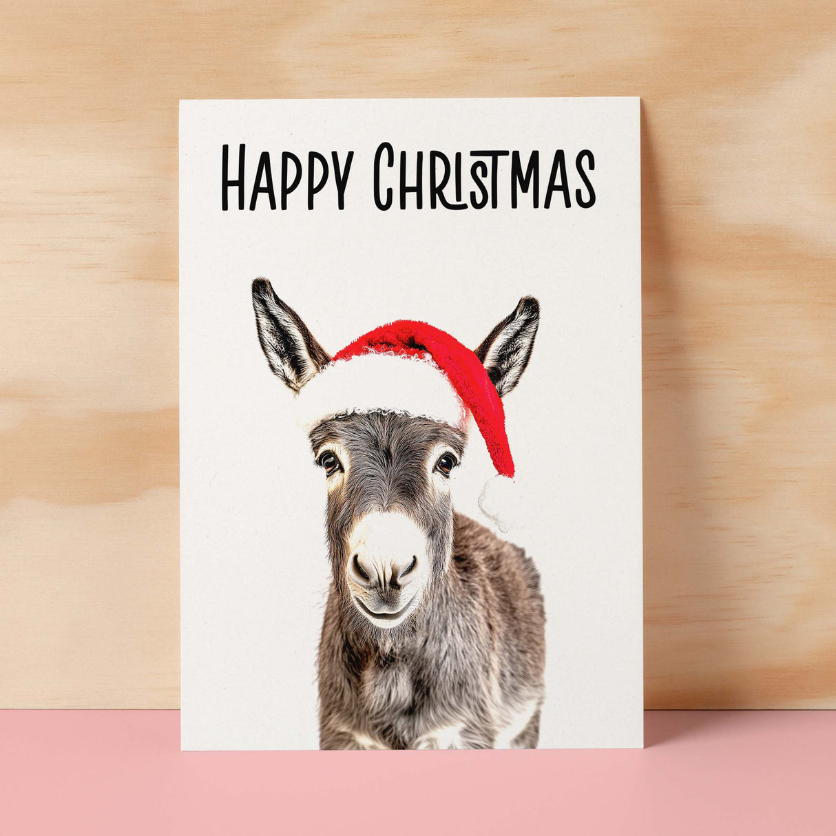 Fun Christmas Card of a Donkey Wearing A Santa Hat Whimsical Christmas Card For Animal Lover For Him or Her