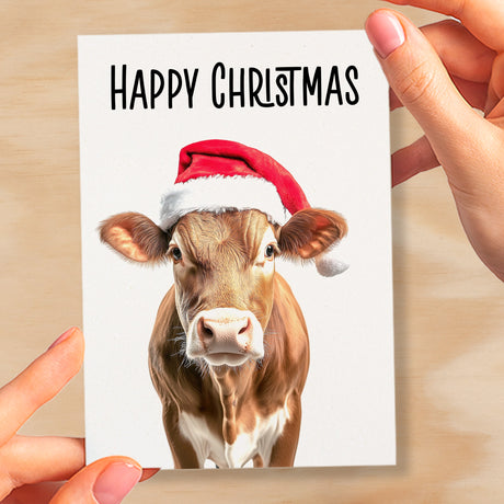 Fun Christmas Card of a Cow Wearing A Santa Hat Whimsical Christmas Card For Animal Lover For Him or Her