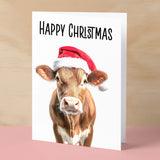 Fun Christmas Card of a Cow Wearing A Santa Hat Whimsical Christmas Card For Animal Lover For Him or Her