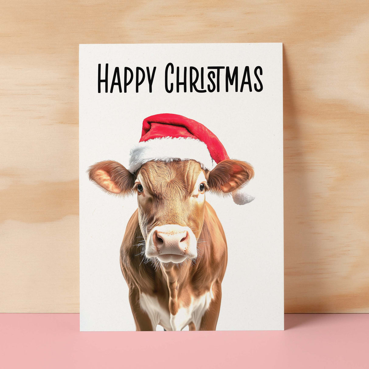 Fun Christmas Card of a Cow Wearing A Santa Hat Whimsical Christmas Card For Animal Lover For Him or Her