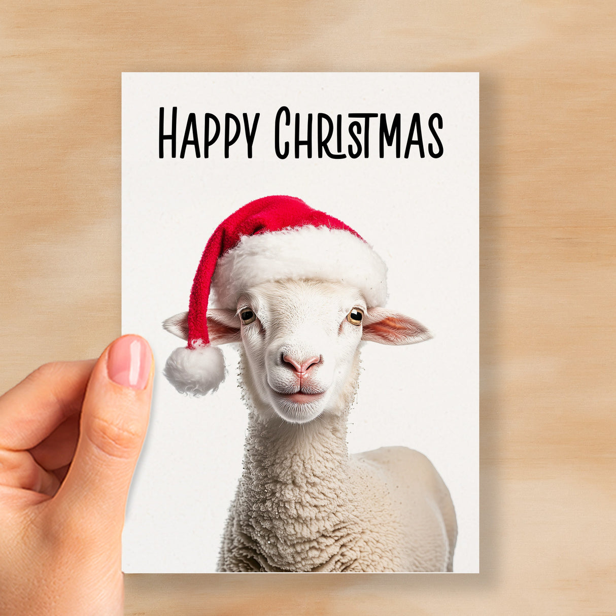 Fun Christmas Card of a Sheep Wearing A Santa Hat Whimsical Christmas Card For Animal Lover For Him or Her