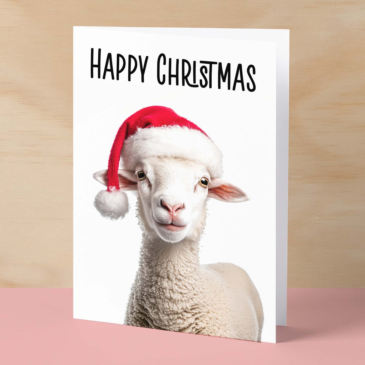 Fun Christmas Card of a Sheep Wearing A Santa Hat Whimsical Christmas Card For Animal Lover For Him or Her