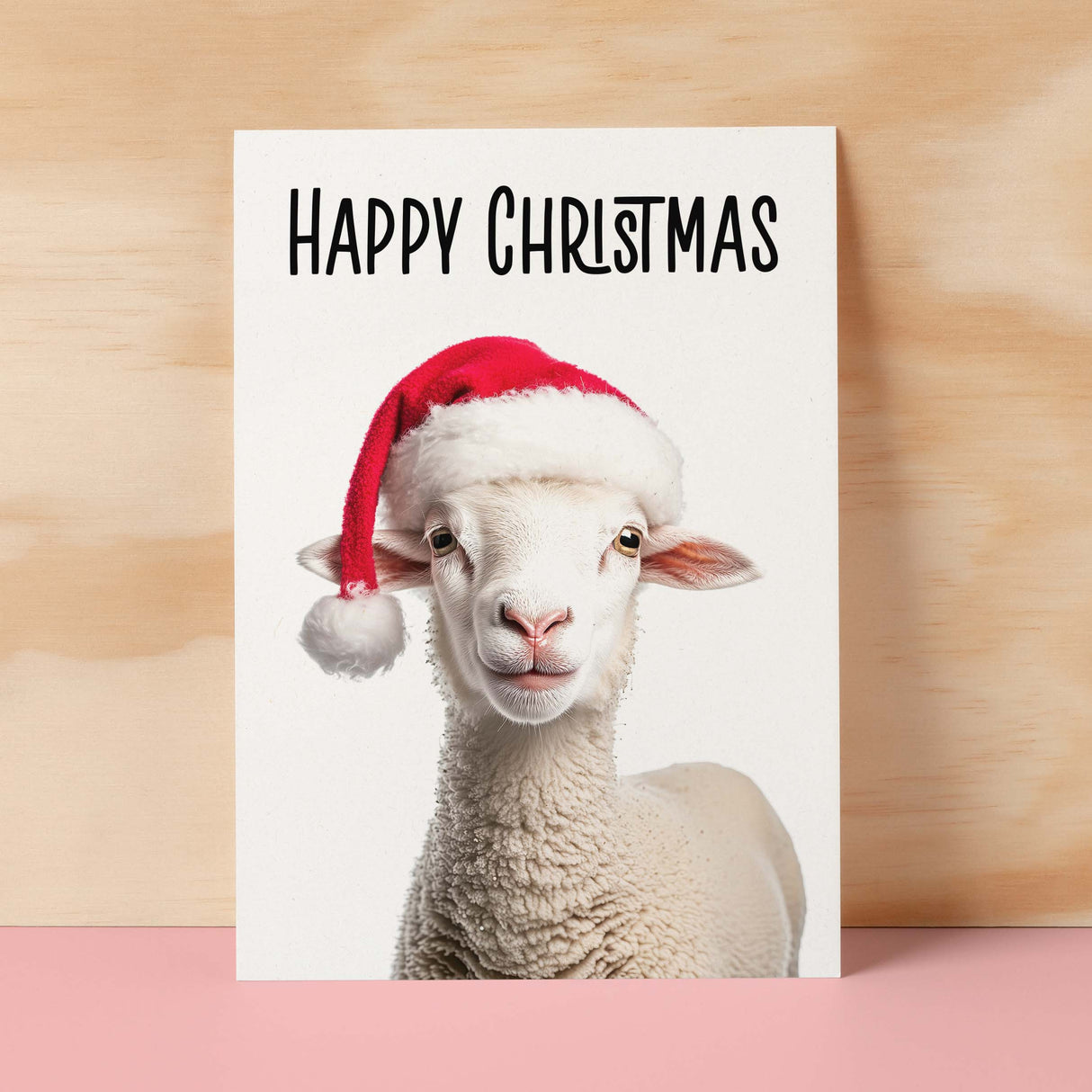 Fun Christmas Card of a Sheep Wearing A Santa Hat Whimsical Christmas Card For Animal Lover For Him or Her