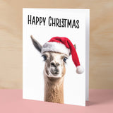 Fun Christmas Card of a Llama Wearing A Santa Hat Whimsical Christmas Card For Animal Lover For Him or Her