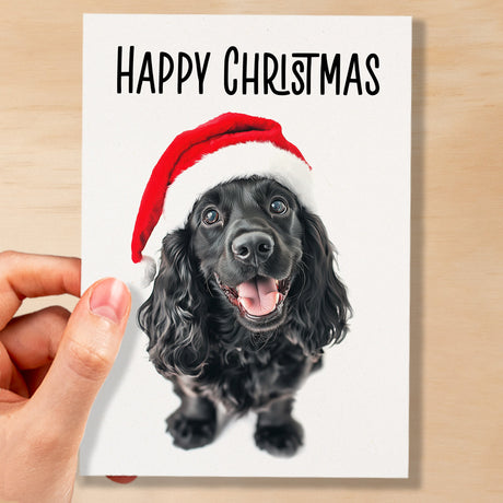 Fun Christmas Card of a Black Cocker Spaniel Dog Wearing A Santa Hat Whimsical Christmas Card For Animal Lover For Him or Her