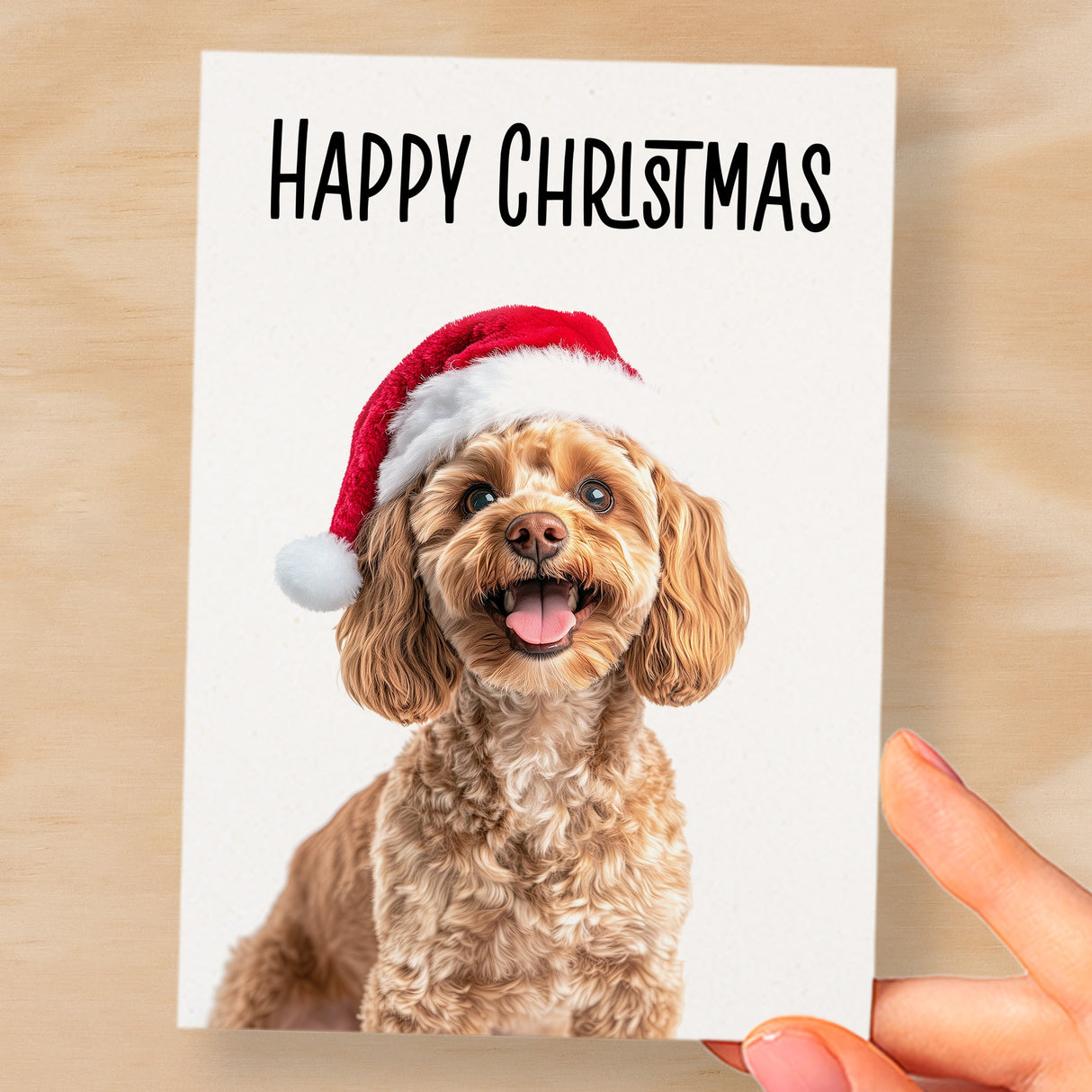 Fun Christmas Card of a Cockerpoo Dog Wearing A Santa Hat Whimsical Christmas Card For Animal Lover For Him or Her